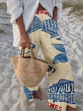 Sardines Print Pants in Cream & Blue size Large